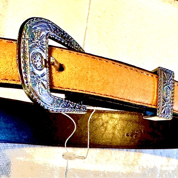 Vintage Western Larry Mahan Tan Leather Belt Pink Hearts Silver Buckle Sz 24 - Picture 2 of 16